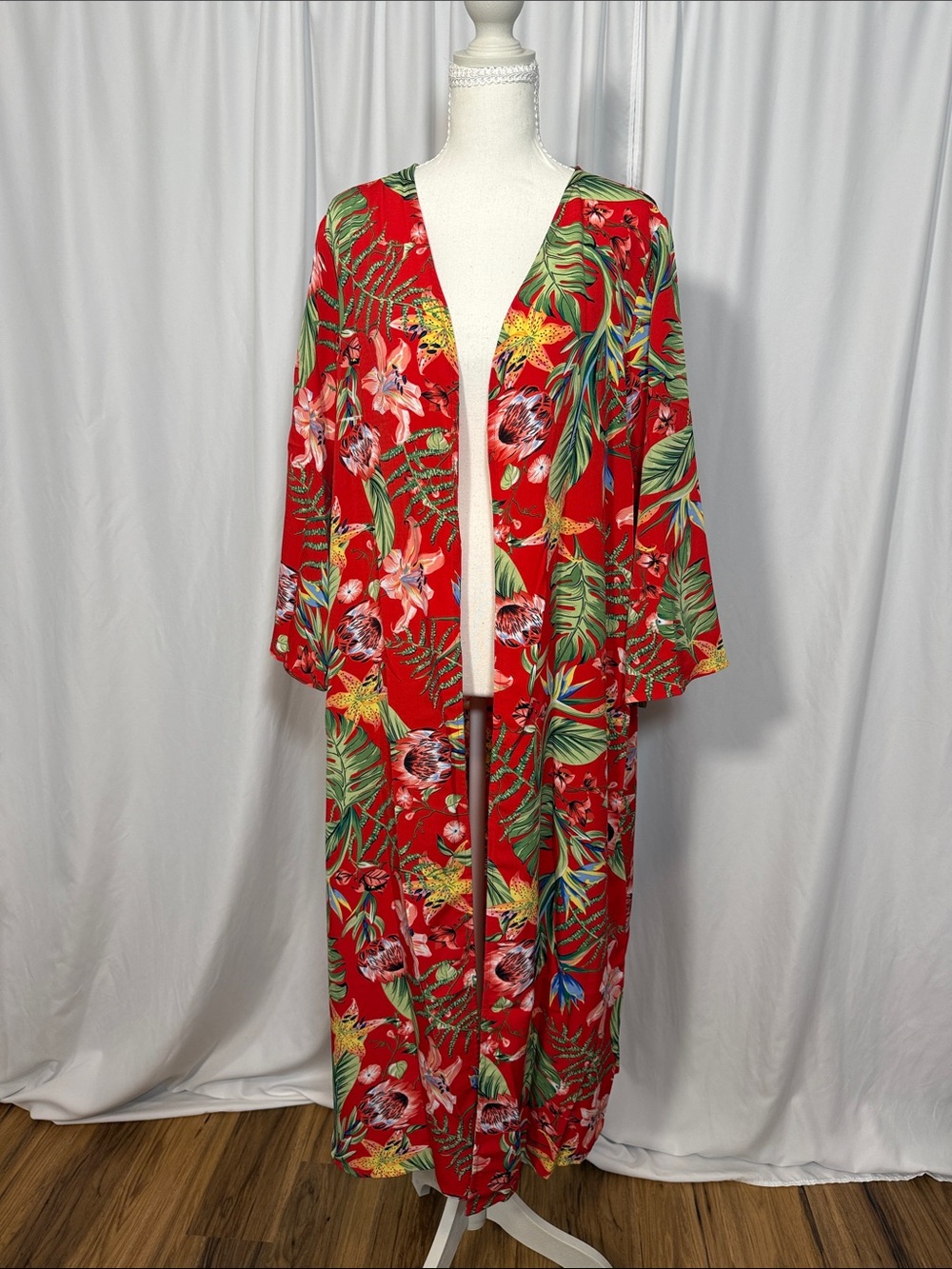 Red Tropical Floral Duster for Women